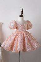 Load image into Gallery viewer, Blue A Line Puff Sleeves Sequins Girls Dresses
