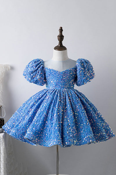 Blue A Line Puff Sleeves Sequins Girls Dresses