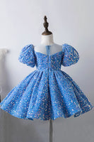 Load image into Gallery viewer, Blue A Line Puff Sleeves Sequins Girls Dresses