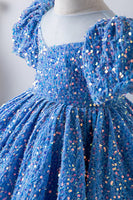 Load image into Gallery viewer, Blue A Line Puff Sleeves Sequins Girls Dresses