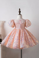 Load image into Gallery viewer, Blue A Line Puff Sleeves Sequins Girls Dresses