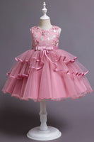 Load image into Gallery viewer, Pink A Line Appliques Sleeveless Round Neck Girls Dresses