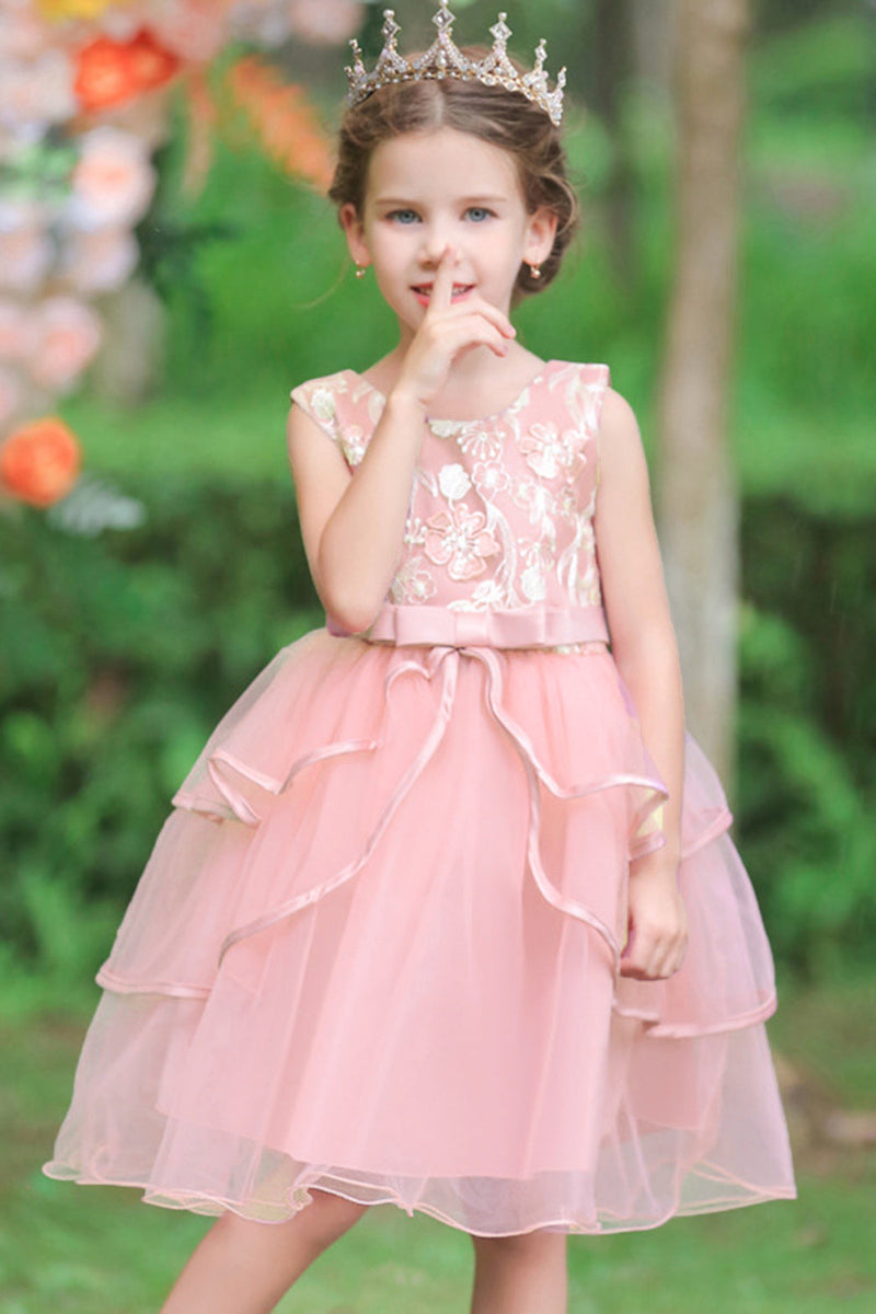 Load image into Gallery viewer, Pink A Line Appliques Sleeveless Round Neck Girls Dresses