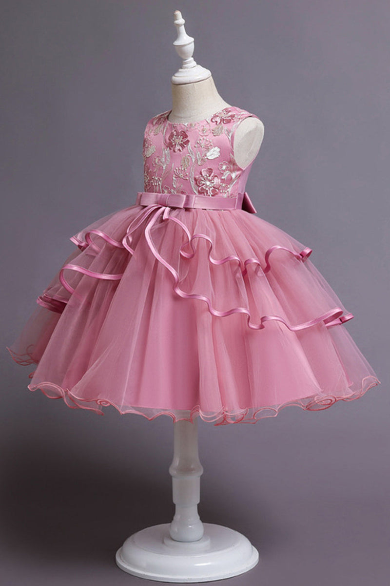 Load image into Gallery viewer, Pink A Line Appliques Sleeveless Round Neck Girls Dresses