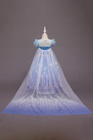 Load image into Gallery viewer, A Line Blue Puff Sleeves Sequins Girls Dresses