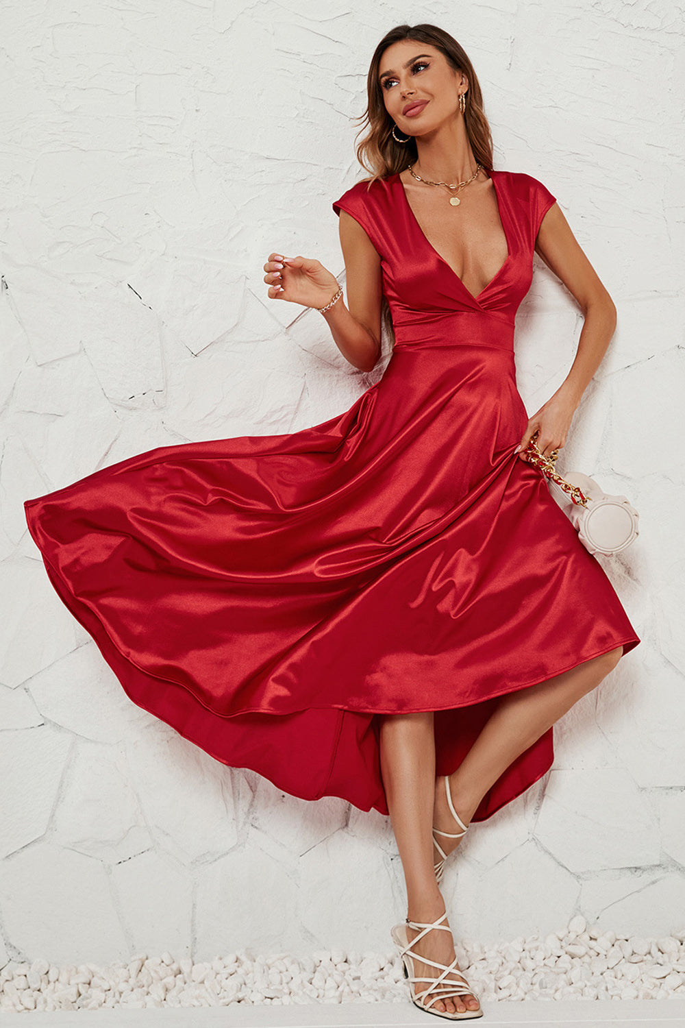 Red Deep V-neck Cap Sleeves Party Dress