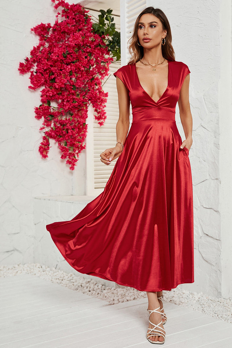 Load image into Gallery viewer, Red Deep V-neck Cap Sleeves Party Dress