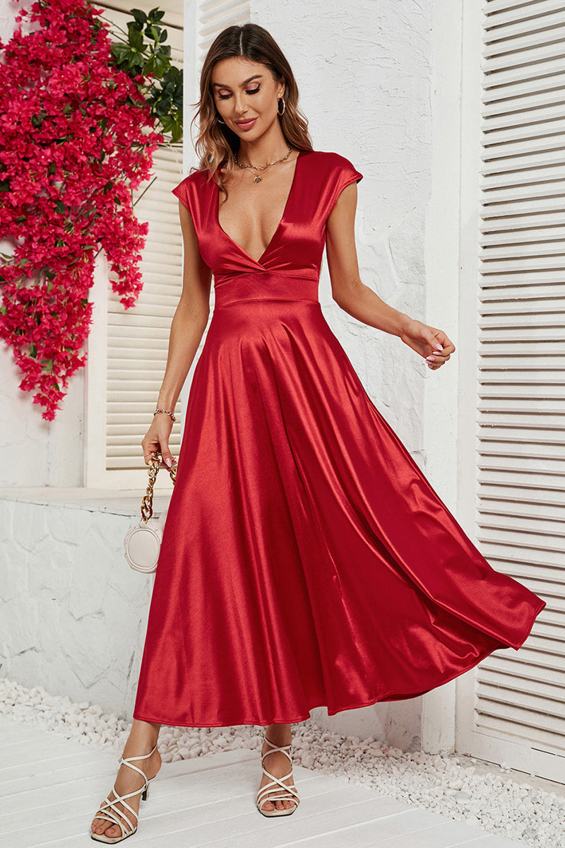 Load image into Gallery viewer, Red Deep V-neck Cap Sleeves Party Dress