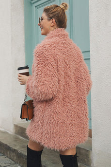 Pink Shawl Lapel Midi Faux Fur Women Coat