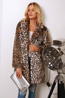 Load image into Gallery viewer, Brown Leopard Printed Notched Lapel Long Faux Fur Women Coat