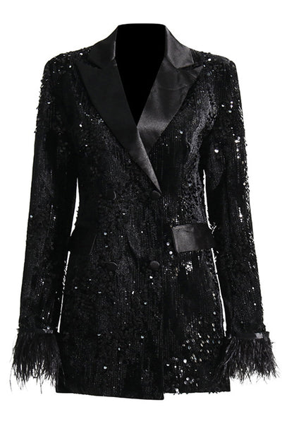 Sparkly Black Peak Lapel Sequins Women Blazer with Feathers
