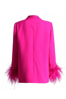 Glitter Fuchsia Shawl Lapel Women Blazer with Feathers