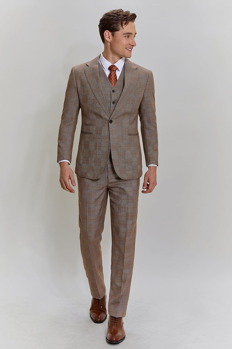 Load image into Gallery viewer, Brown Men&#39;s 3 Piece Plaid Prom Party Suits