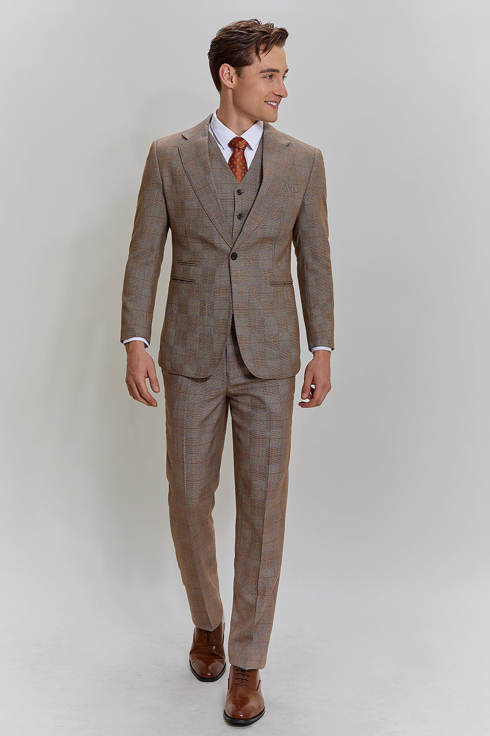 Brown Men's 3 Piece Plaid Prom Party Suits