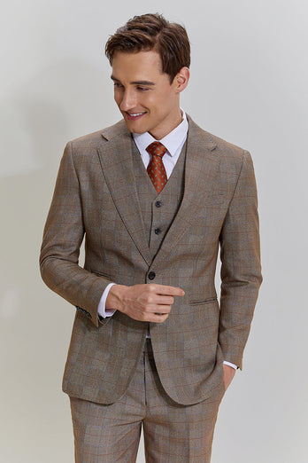 Brown Men's 3 Piece Plaid Prom Party Suits