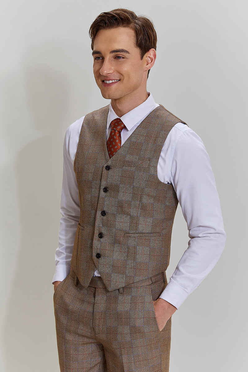 Load image into Gallery viewer, Brown Men&#39;s 3 Piece Plaid Prom Party Suits