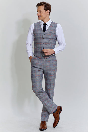 Grey Plaid Wide Peak Lapel 3 Piece Single Breasted Men's Suits