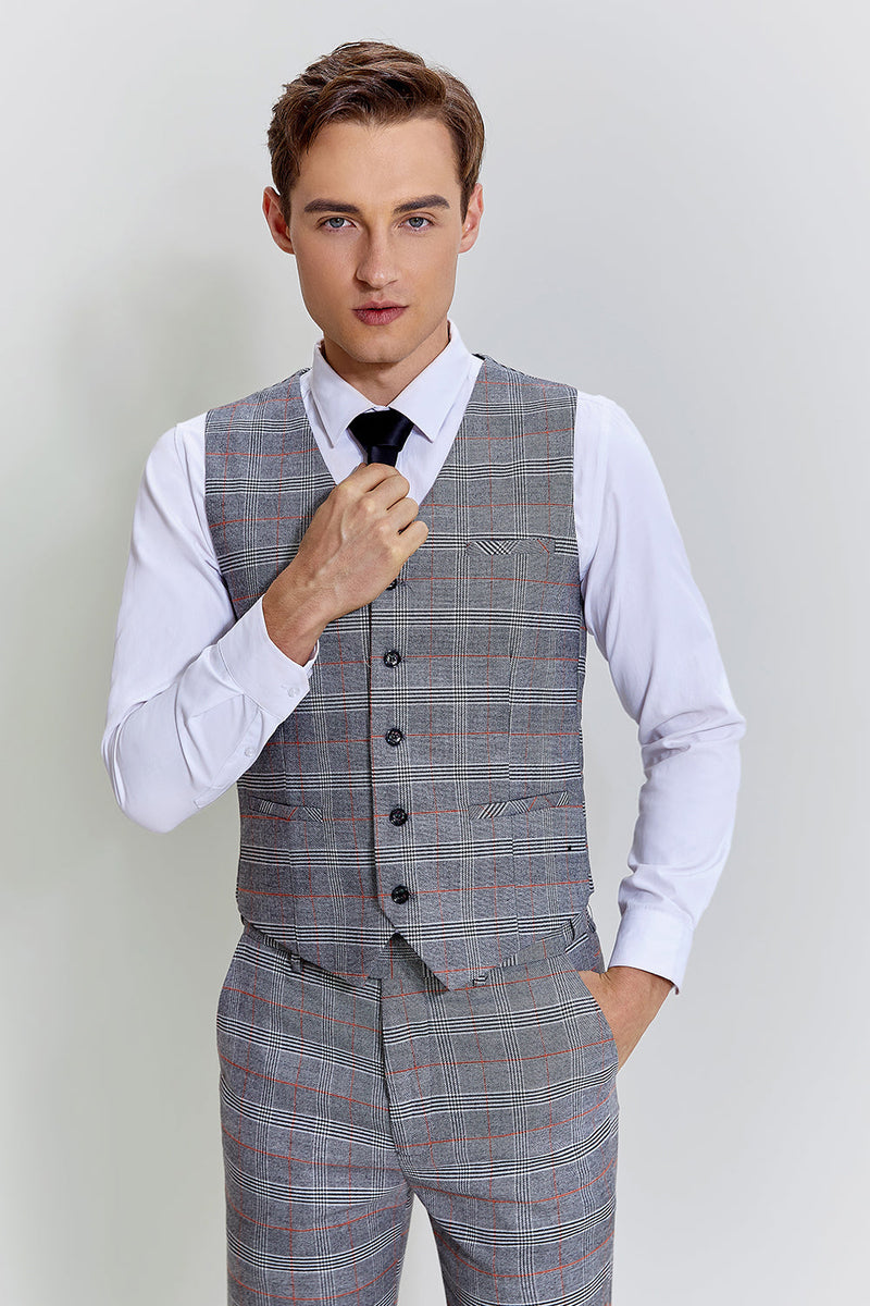 Load image into Gallery viewer, Grey Plaid Wide Peak Lapel 3 Piece Single Breasted Men&#39;s Suits