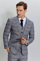 Load image into Gallery viewer, Grey Plaid Wide Peak Lapel 3 Piece Single Breasted Men&#39;s Suits