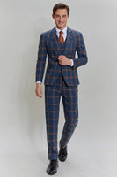 Load image into Gallery viewer, Grey Blue Men&#39;s 3 Piece Plaid Notched Lapel Prom Suits