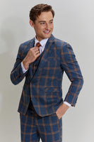 Load image into Gallery viewer, Grey Blue Men&#39;s 3 Piece Plaid Notched Lapel Prom Suits