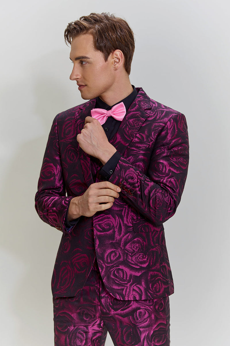 Load image into Gallery viewer, Fuchsia Floral Jacquard 3 Piece Men&#39;s Prom Suits
