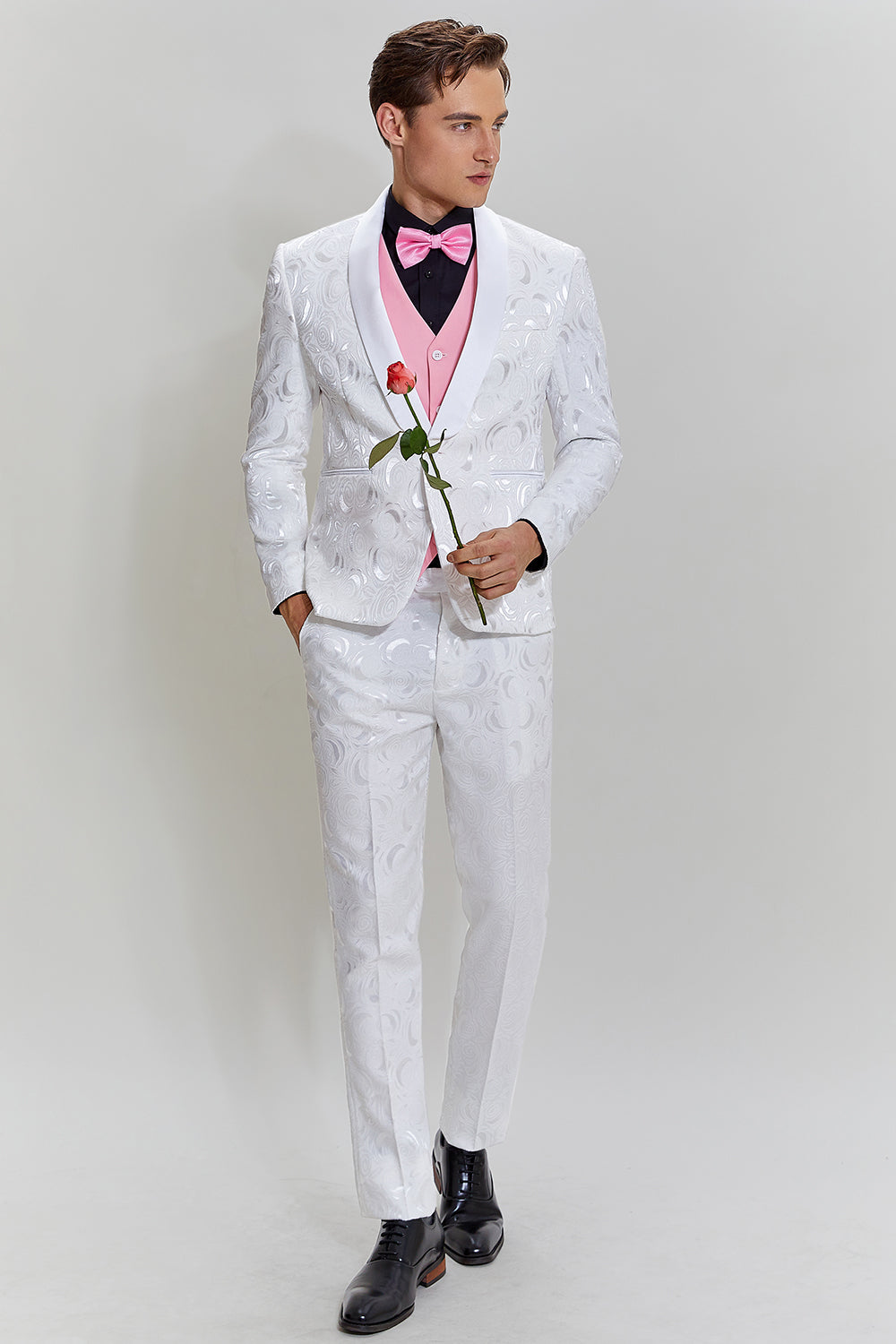 White Jacquard Satin 2 Piece Shawl Lapel Men's Prom Suits