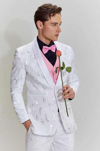 White Jacquard Satin 2 Piece Shawl Lapel Men's Prom Suits