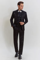 Load image into Gallery viewer, Men&#39;s Black 3-piece Jacquard Jacket Vest Pants Suit