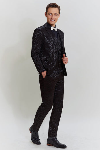 Men's Black 3-piece Jacquard Jacket Vest Pants Suit
