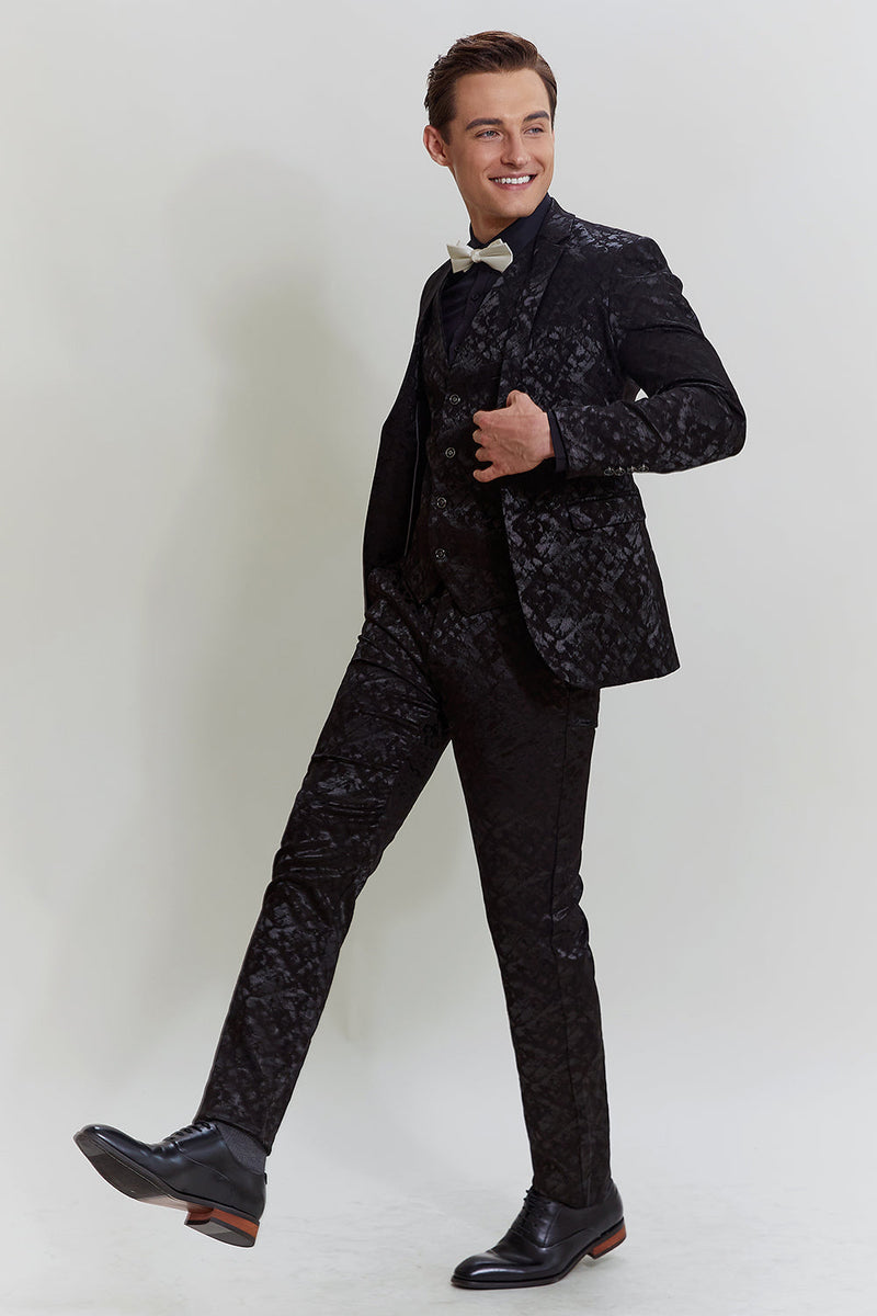 Load image into Gallery viewer, Men&#39;s Black 3-piece Jacquard Jacket Vest Pants Suit