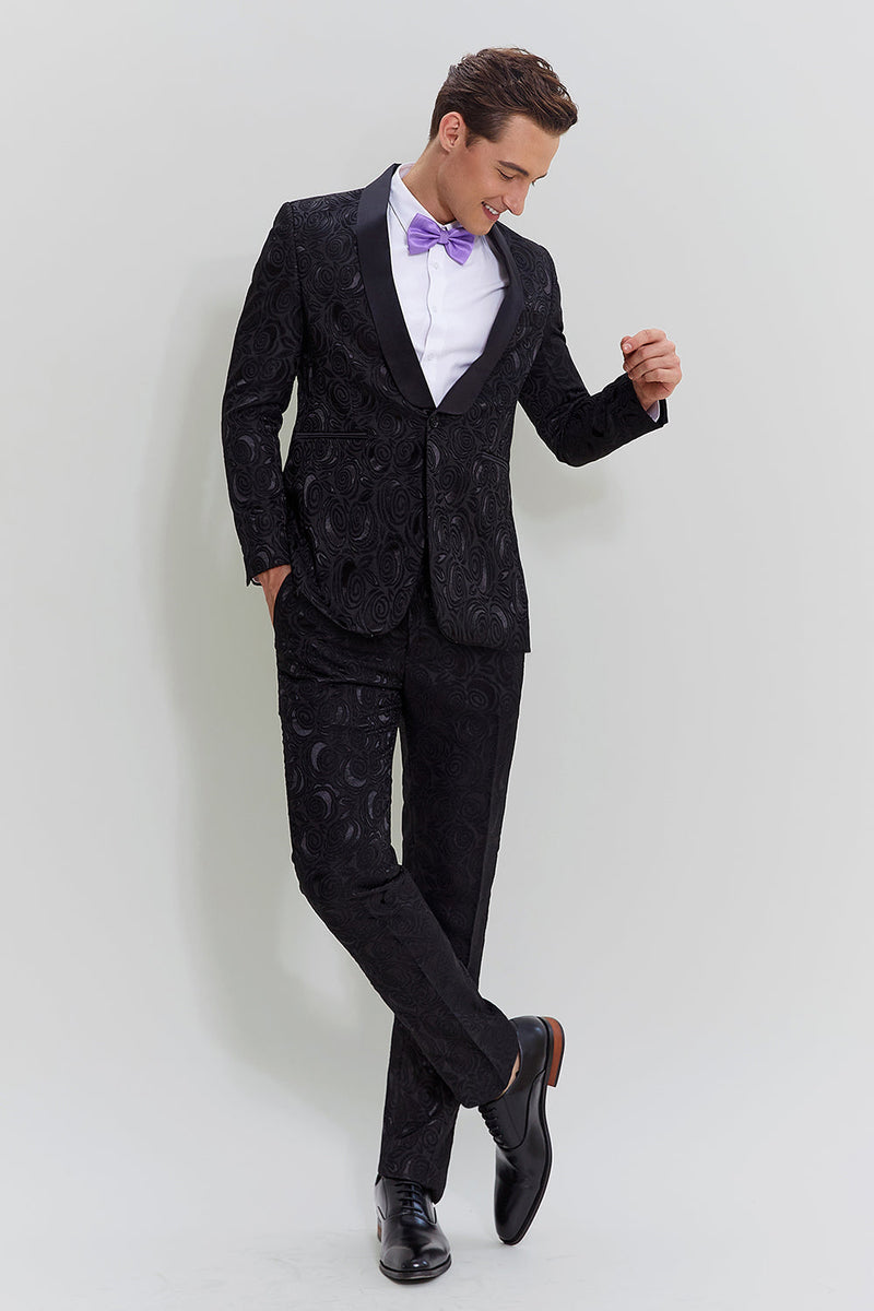 Load image into Gallery viewer, Men&#39;s Black 2-piece Jacquard One Button Fit Suit Set