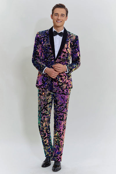 Purple Sequins Mens Two-Piece Suit Shawl Lapel One Button Tuxedo
