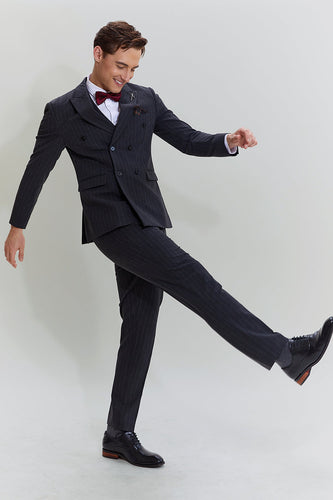 Men's 3 Piece Pinstripe Dark Grey Suit