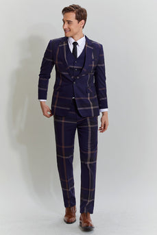 Men's 3 Piece One Button Navy Plaid Tuxedo