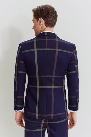 Men's 3 Piece One Button Navy Plaid Tuxedo