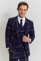 Load image into Gallery viewer, Men&#39;s 3 Piece One Button Navy Plaid Tuxedo