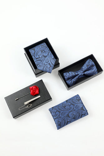 Blue Jacquard Men's 5-Piece Accessory Set Tie and Bow Tie Pocket Square Flower Lapel Pin Tie Clip
