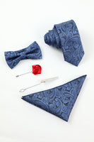 Load image into Gallery viewer, Blue Jacquard Men&#39;s 5-Piece Accessory Set Tie and Bow Tie Pocket Square Flower Lapel Pin Tie Clip