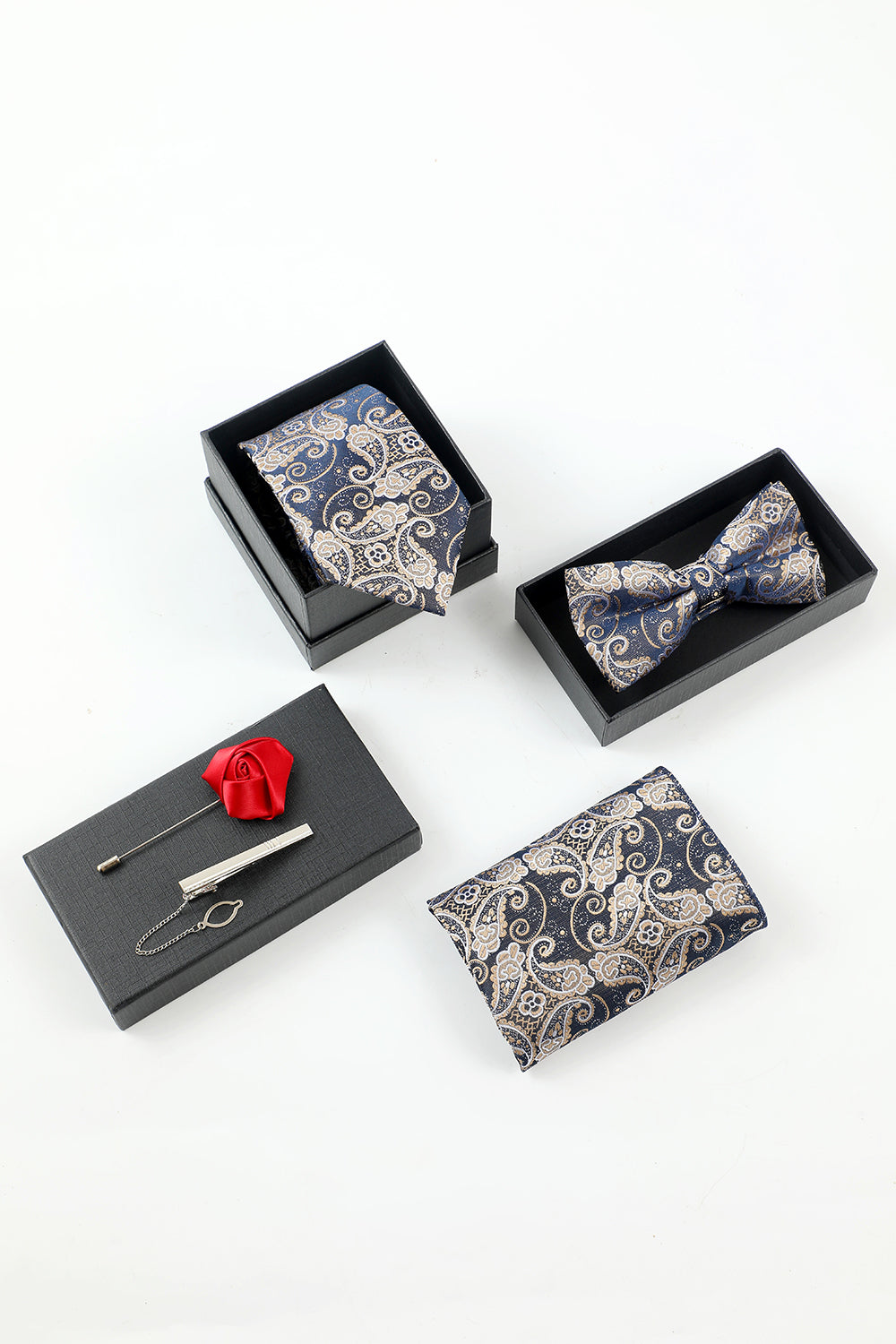 Navy Men's Jacquard 5-Piece Accessory Set Tie and Bow Tie Pocket Square Flower Lapel Pin Tie Clip
