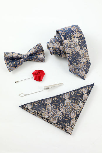 Navy Men's Jacquard 5-Piece Accessory Set Tie and Bow Tie Pocket Square Flower Lapel Pin Tie Clip