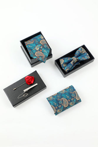 Lake Blue Jacquard Men's 5-Piece Accessory Set Tie and Bow Tie Pocket Square Flower Lapel Pin Tie Clip