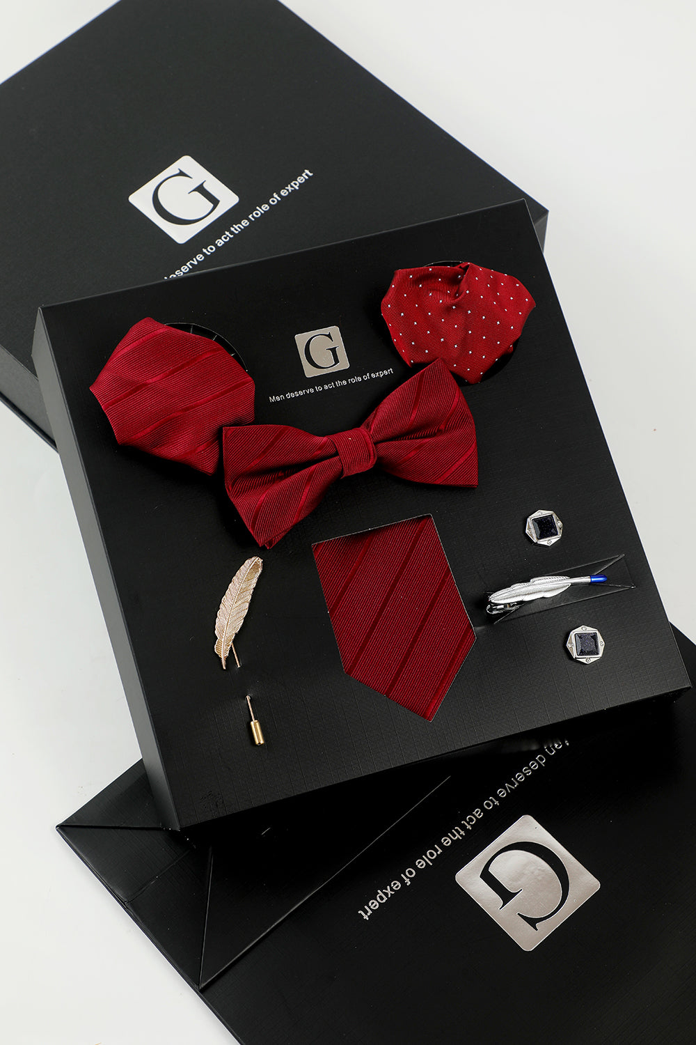 Burgundy Men's Accessory Set Tie and Bow Tie Two Pocket Square Lapel Pin Tie Clip Cufflinks