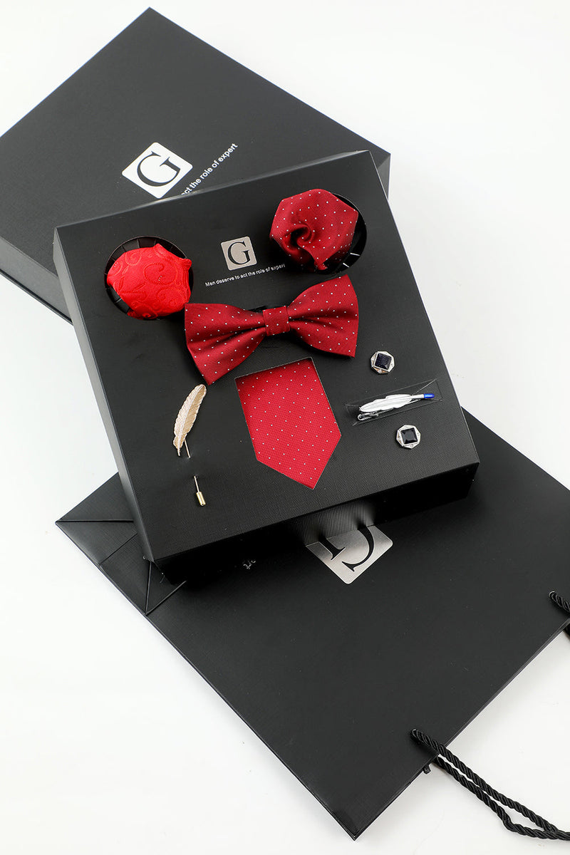 Load image into Gallery viewer, Red Men&#39;s Accessory Set Tie and Bow Tie Two Pocket Square Lapel Pin Tie Clip Cufflinks