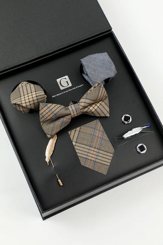 Brown Grid Men's Accessory Set Tie and Bow Tie Two Pocket Square Lapel Pin Tie Clip Cufflinks