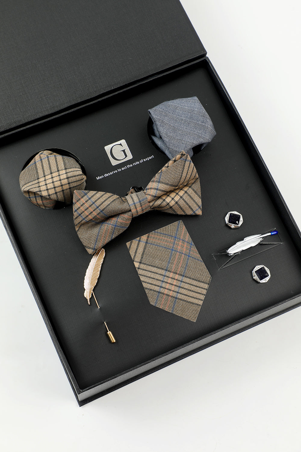 Brown Grid Men's Accessory Set Tie and Bow Tie Two Pocket Square Lapel Pin Tie Clip Cufflinks