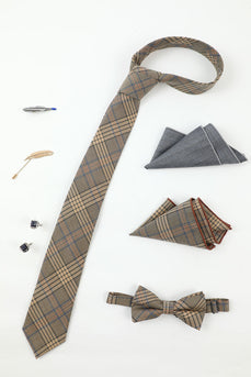 Brown Grid Men's Accessory Set Tie and Bow Tie Two Pocket Square Lapel Pin Tie Clip Cufflinks