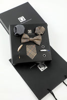 Load image into Gallery viewer, Brown Grid Men&#39;s Accessory Set Tie and Bow Tie Two Pocket Square Lapel Pin Tie Clip Cufflinks
