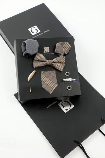 Brown Grid Men's Accessory Set Tie and Bow Tie Two Pocket Square Lapel Pin Tie Clip Cufflinks