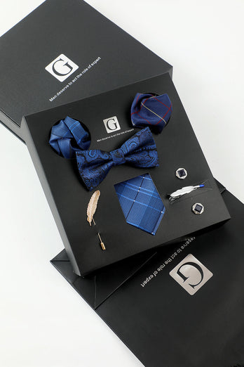 Royal Blue Men's Accessory Set Tie and Jacquard Bow Tie Two Pocket Square Lapel Pin Tie Clip Cufflinks